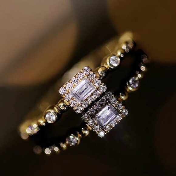 NEW 14k Gold Diamond Ring Rectangle Emerald Cut Dainty Ring Band - Picture 1 of 3